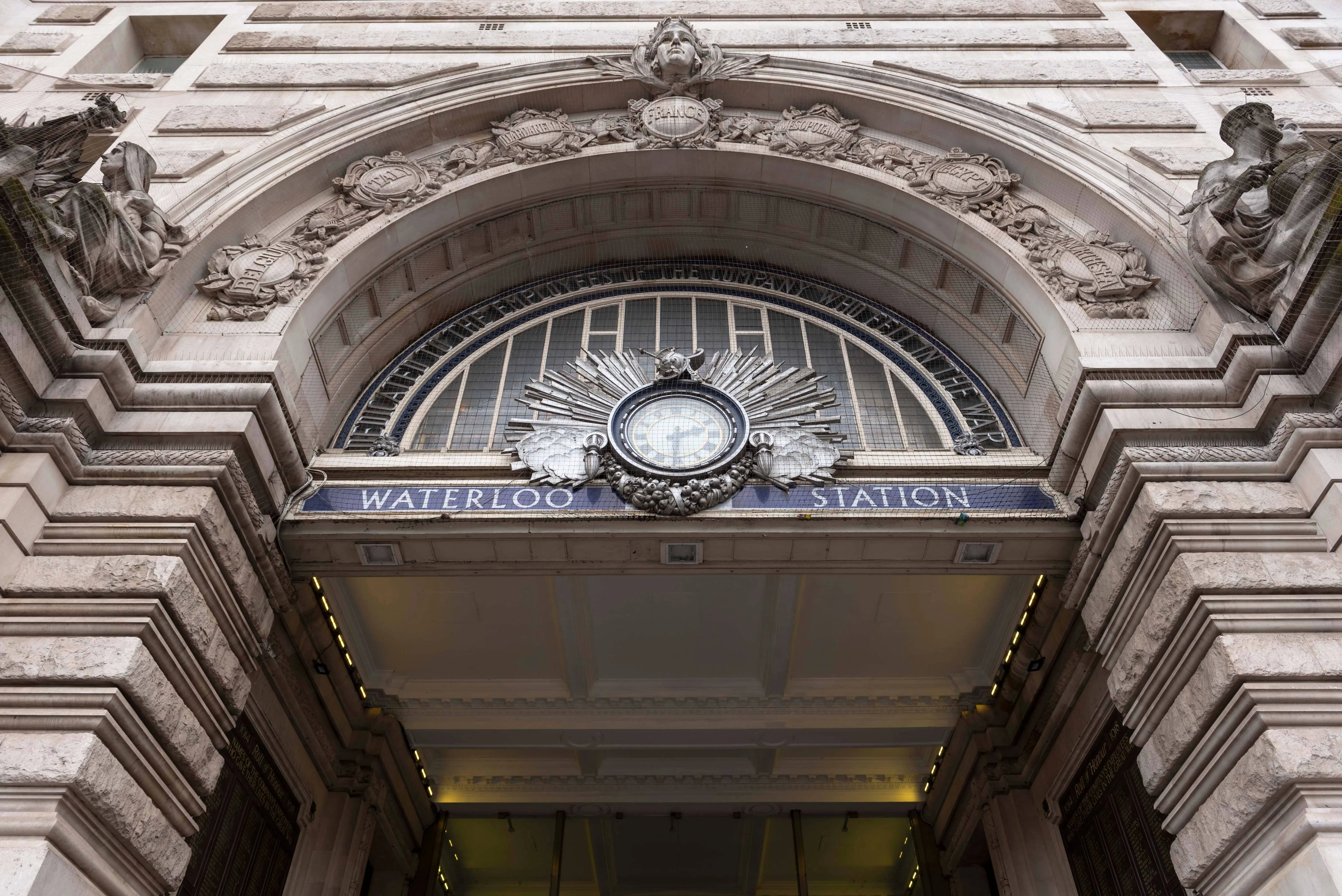 A view of the clock embedded in the entrance to Waterloo Station