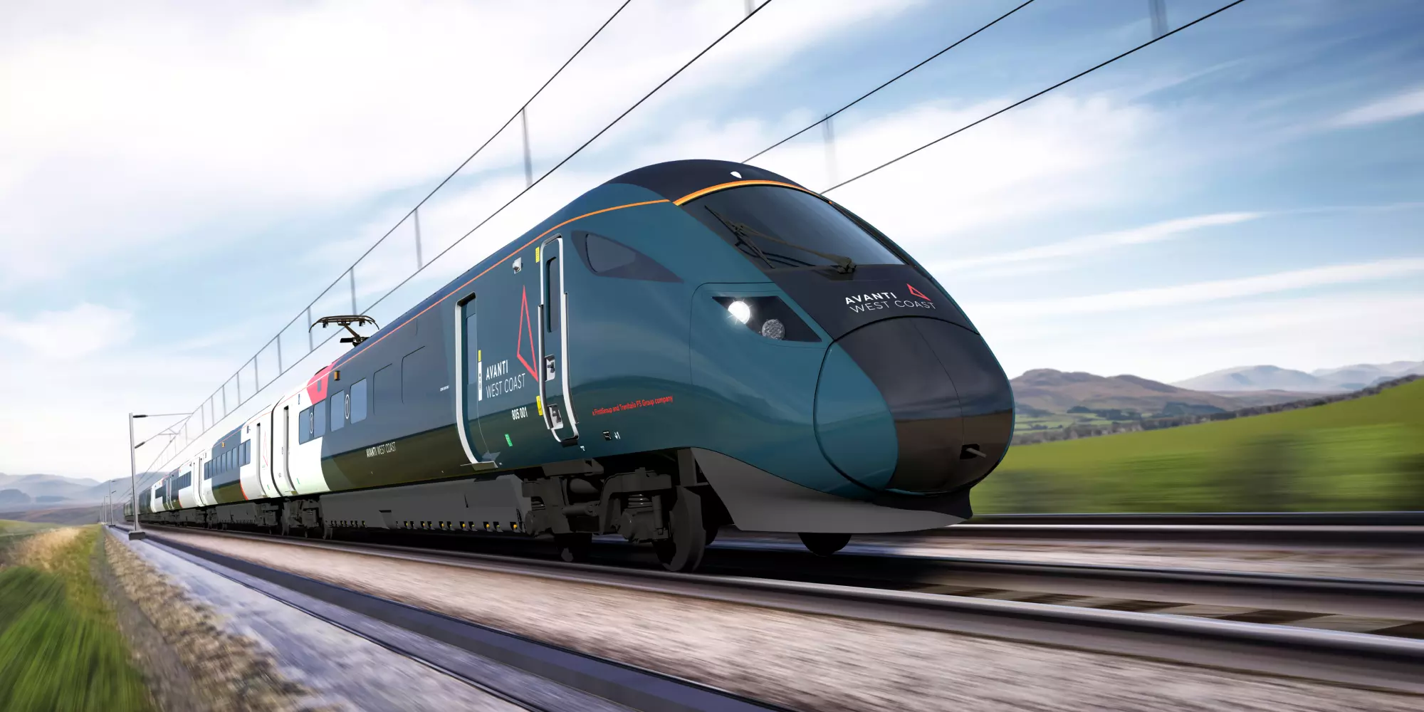 A new Evero train at speed coming towards us, black overhead electric power lines are clear against the cloudy blue sky.