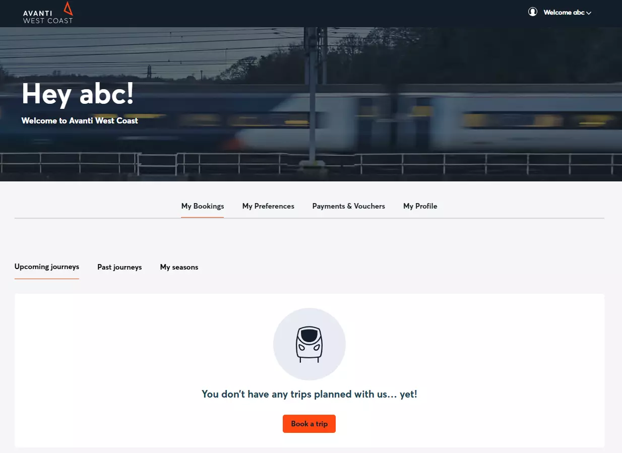 My Account on Avanti West Coast website with My bookings, My preferences, Payment and Vouchers and My Profile