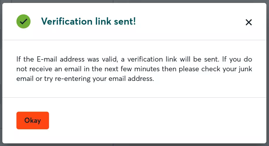 Verification email sent pop up