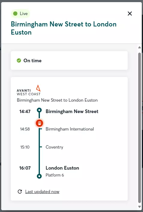 Train tracker, Birmingham New Street to London Euston which calls out Birmingham International and Coventry, train icon in between Birmingham New Street and Birmingham International