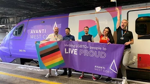 Avanti pride parade with Avanti train and staff