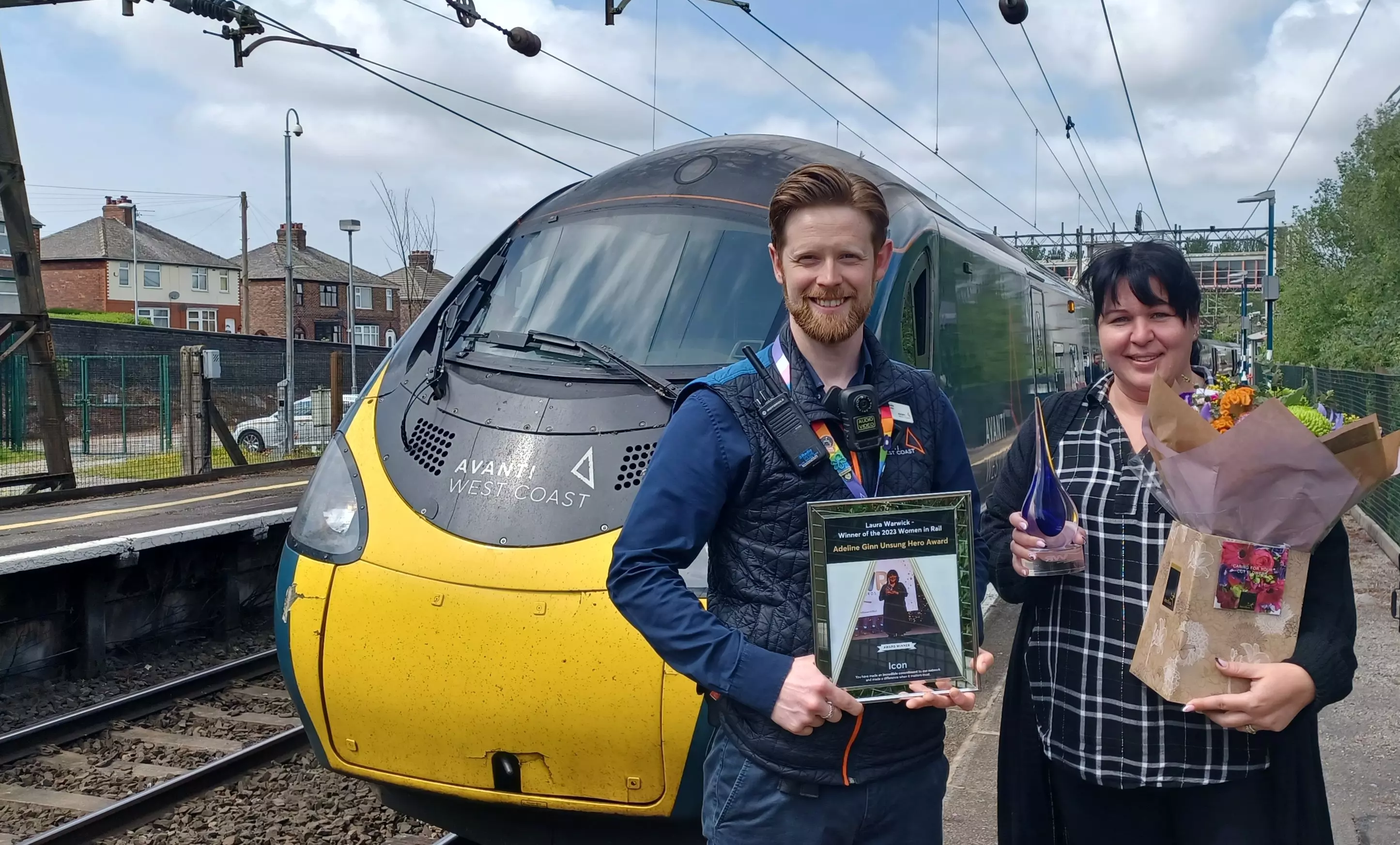 Laura Warwick at Runcorn station after her award win