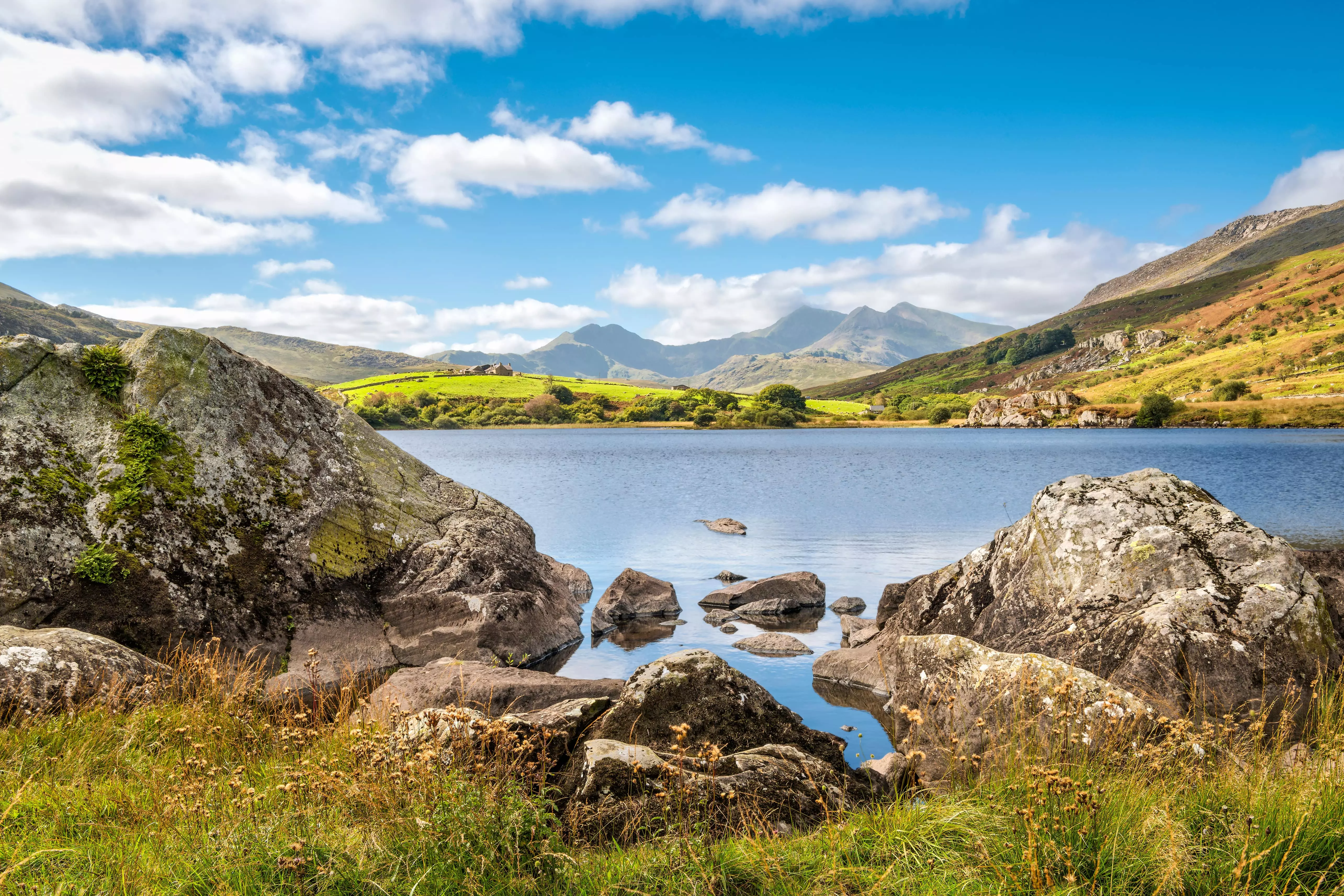 View of Snowdon peak from lake Llynnau Mymbyr in Snowdonia National Park, North Wales