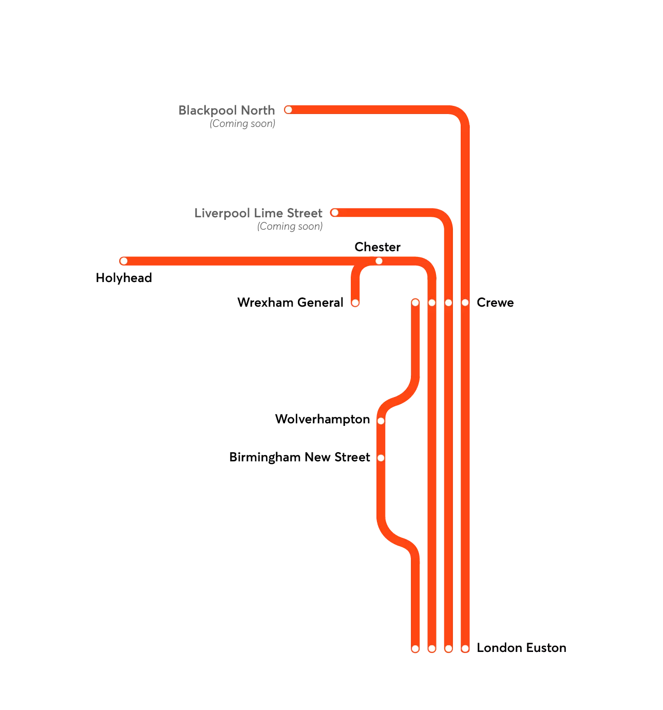 A route map showing station stops between London Euston and Liverpool, Holyhead and Blackpool superimposed on blurred countryside with the train running below.