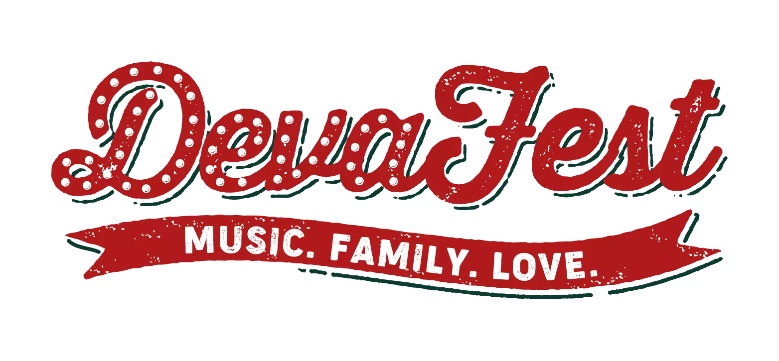Deva Fest logo in red font with music, family, love underneath