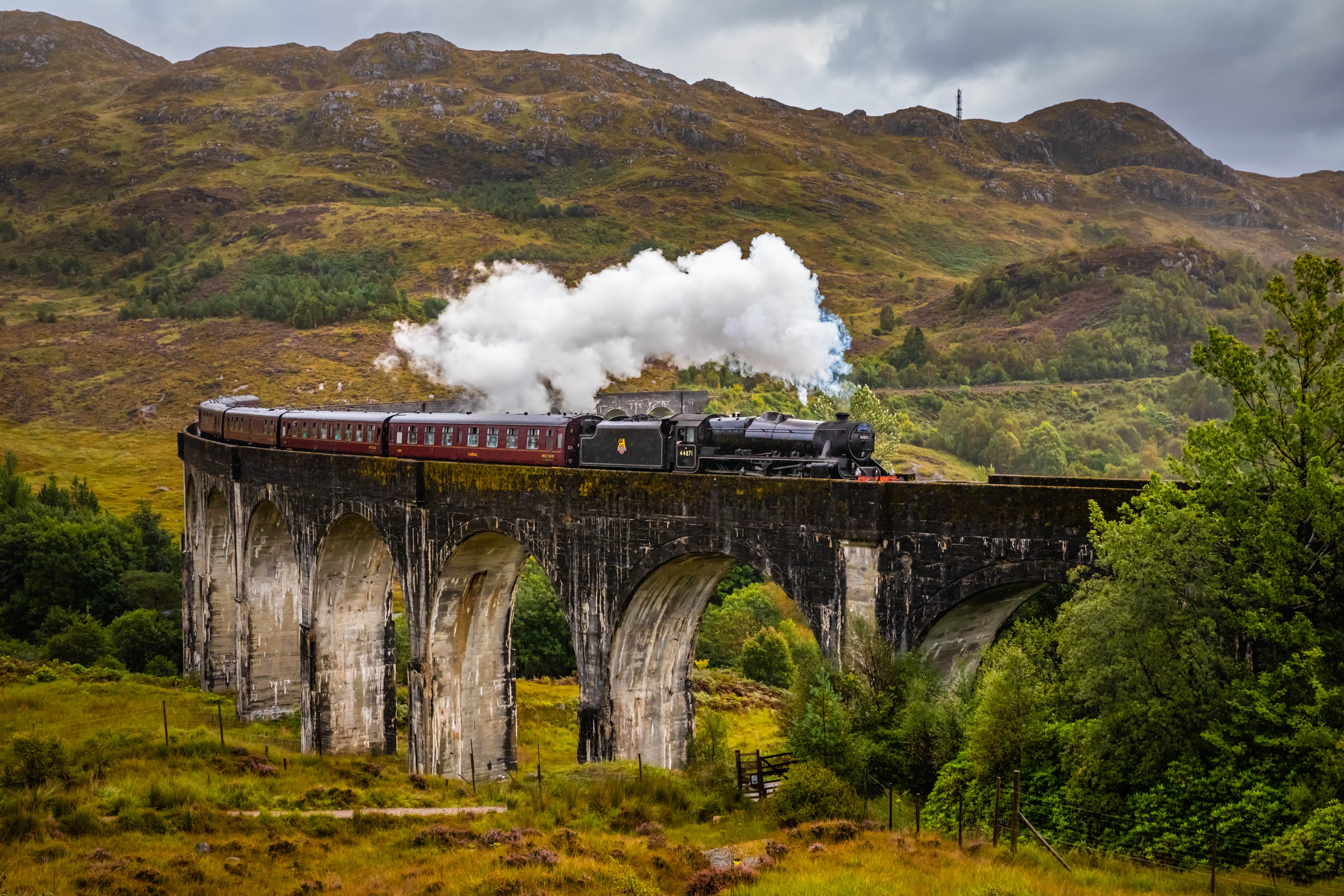 Fictional Trains: The Jacobite, aka the ‘Hogwarts Express’ travelling over the Glenfinnan Railway Viaduct in Scotland.