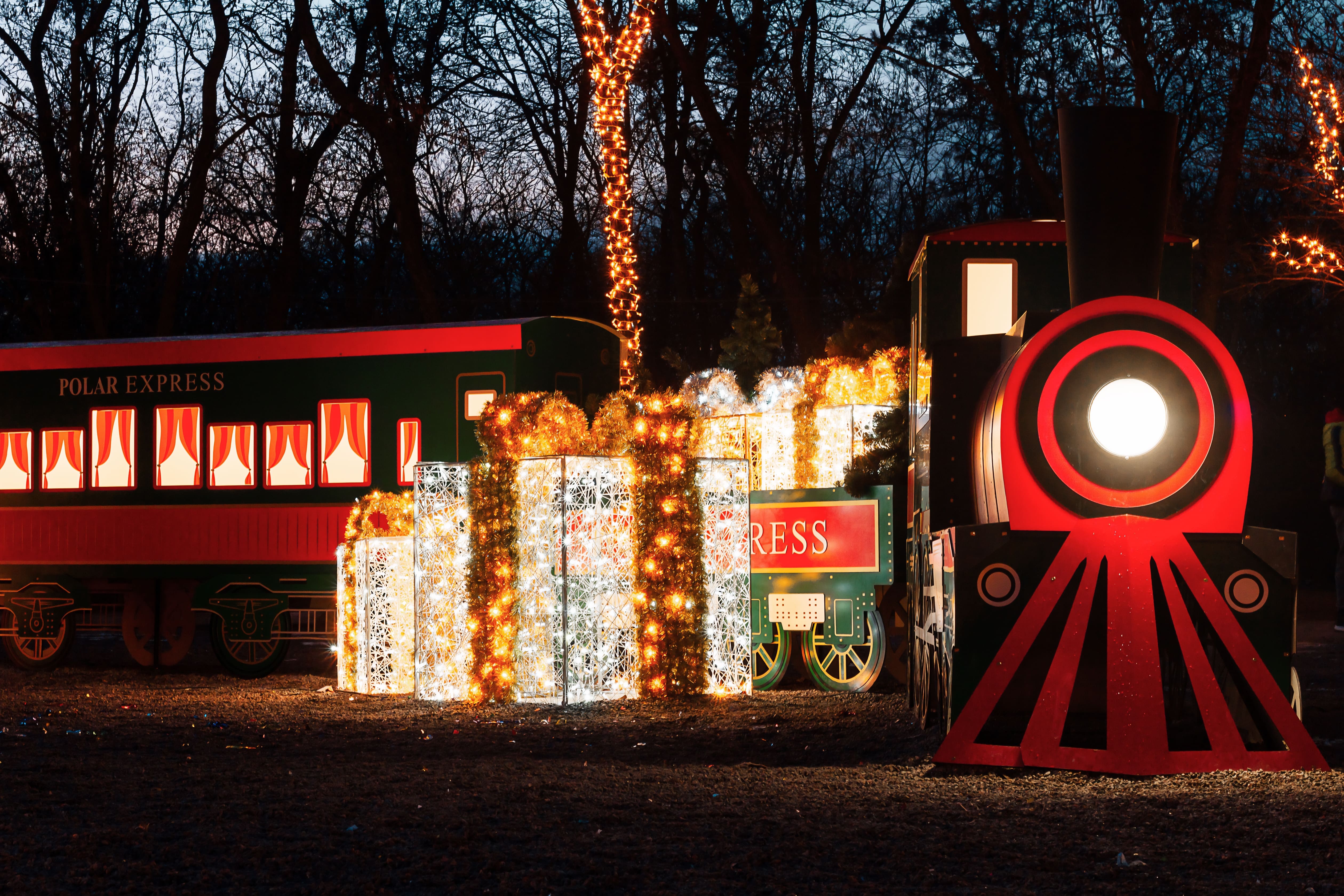 Fictional Trains: A ‘Polar Express’ style train covered in Christmas lights.