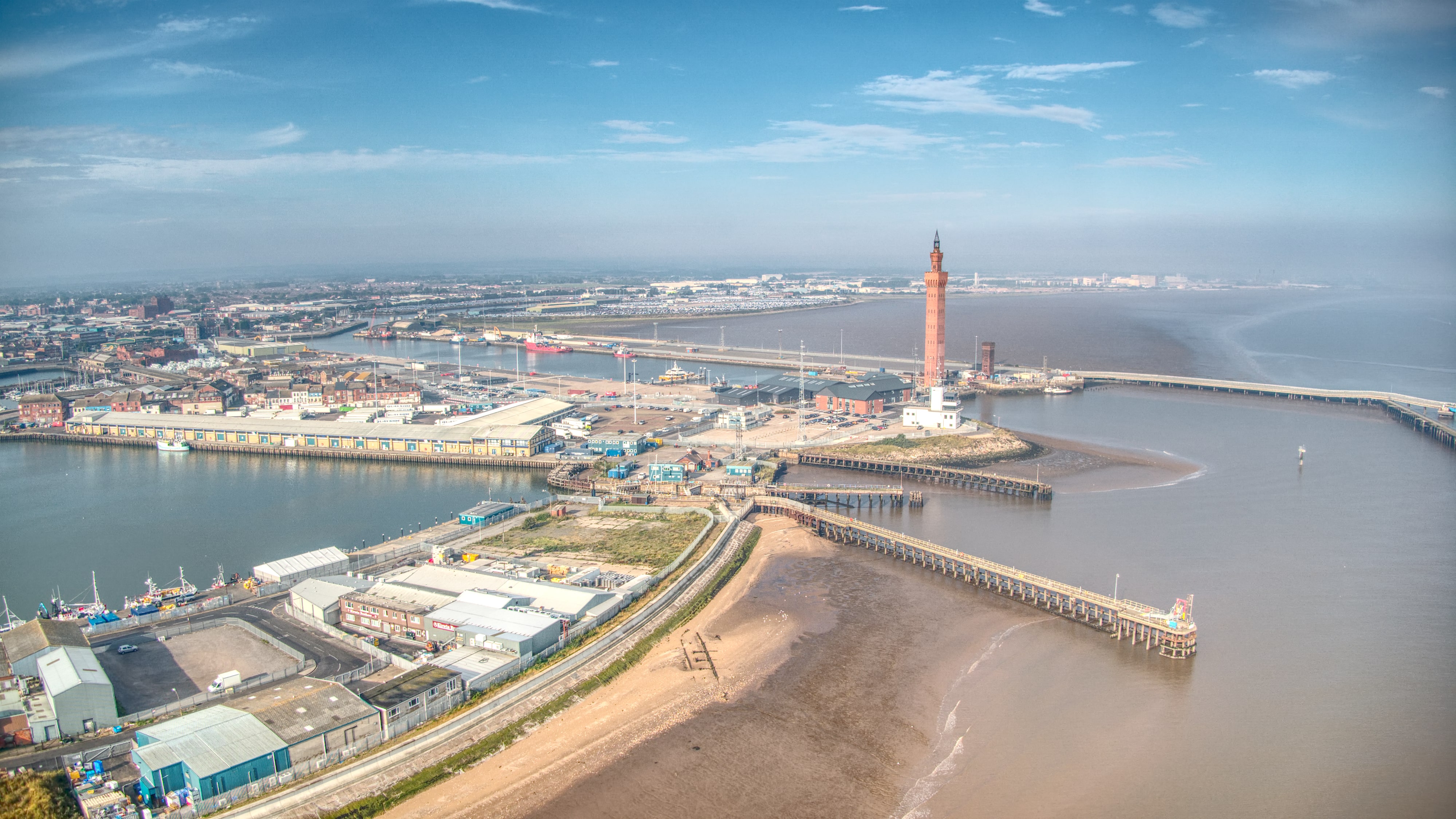 Train Travel for Leisure: An aerial shout over Grimsby Docks, including the Dock Tower.