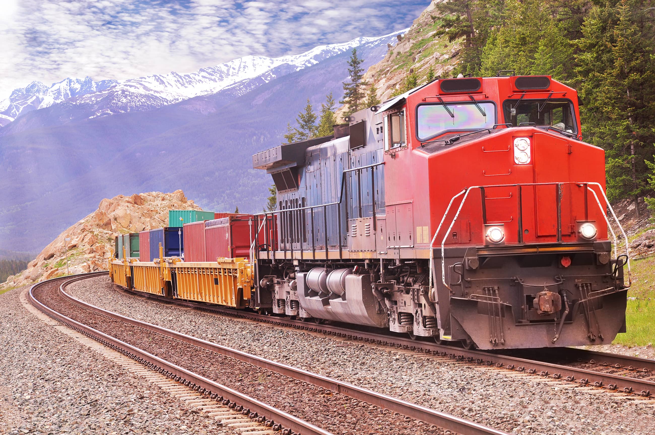 A freight train travelling through the Canadian Rockies