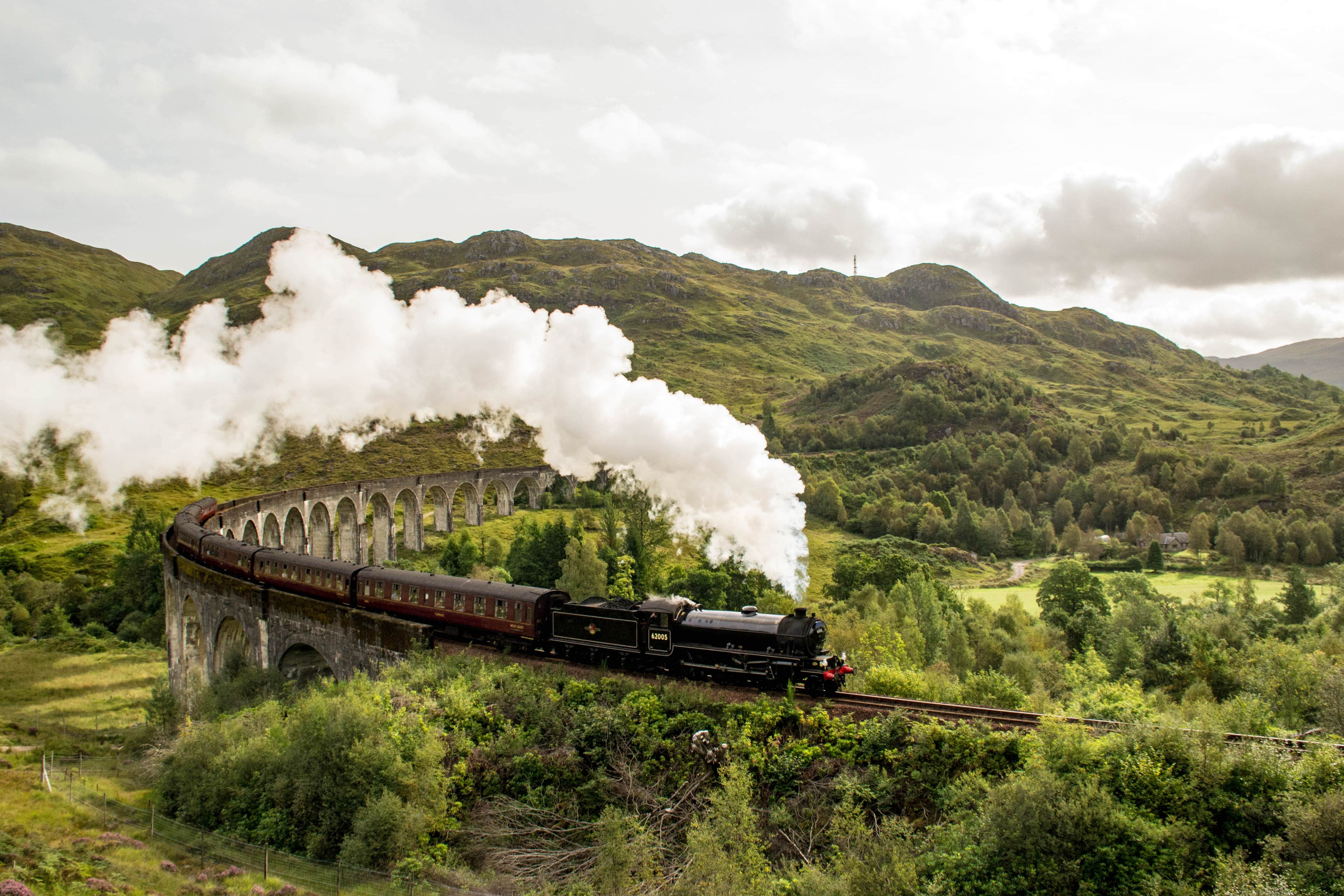 Steam Train Experiences: A steam train riding along the famous Glenfinnan viaduct in Scotland.