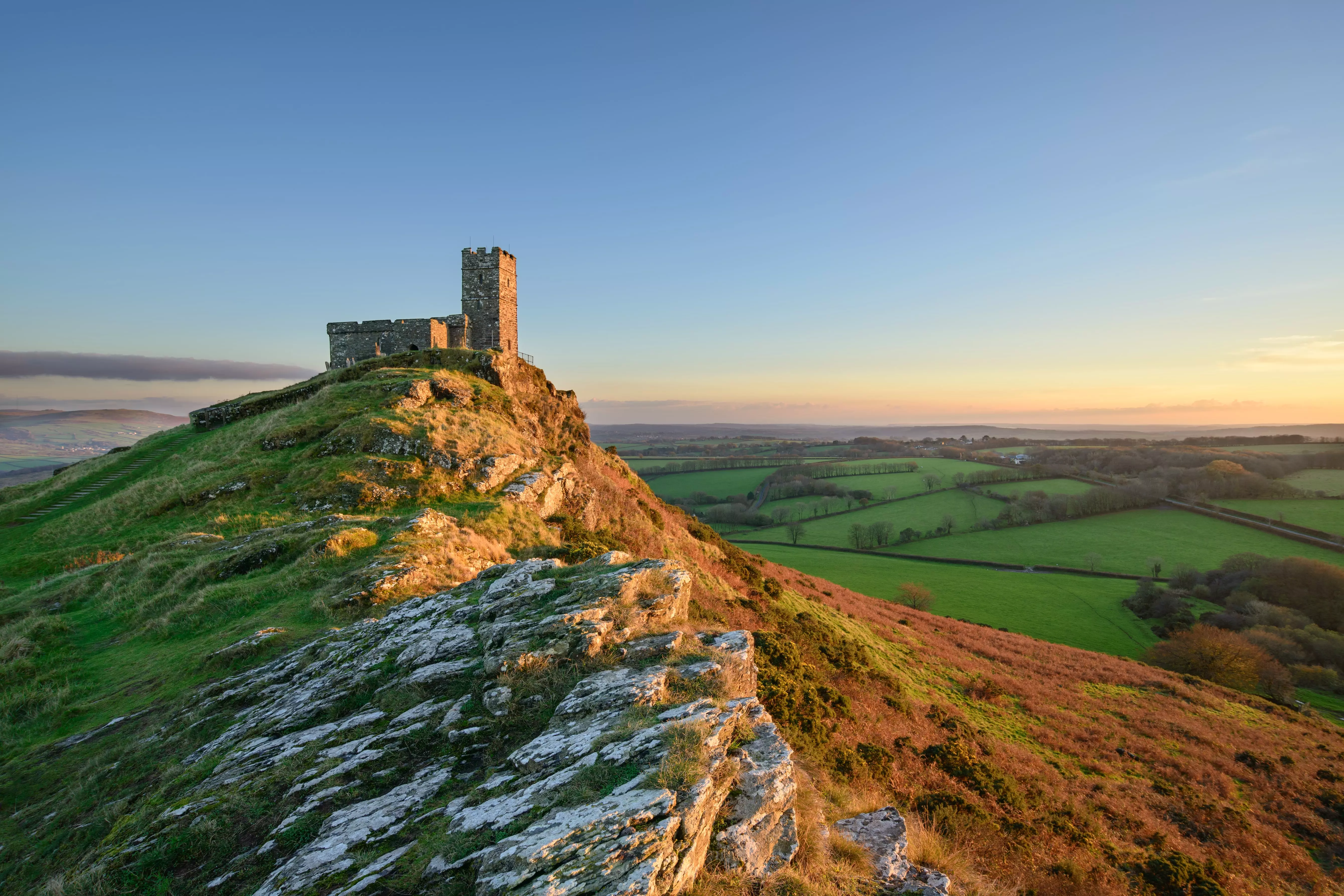 Brentor church perched on a rocky outcrop on Dartmoor National Park in Devon