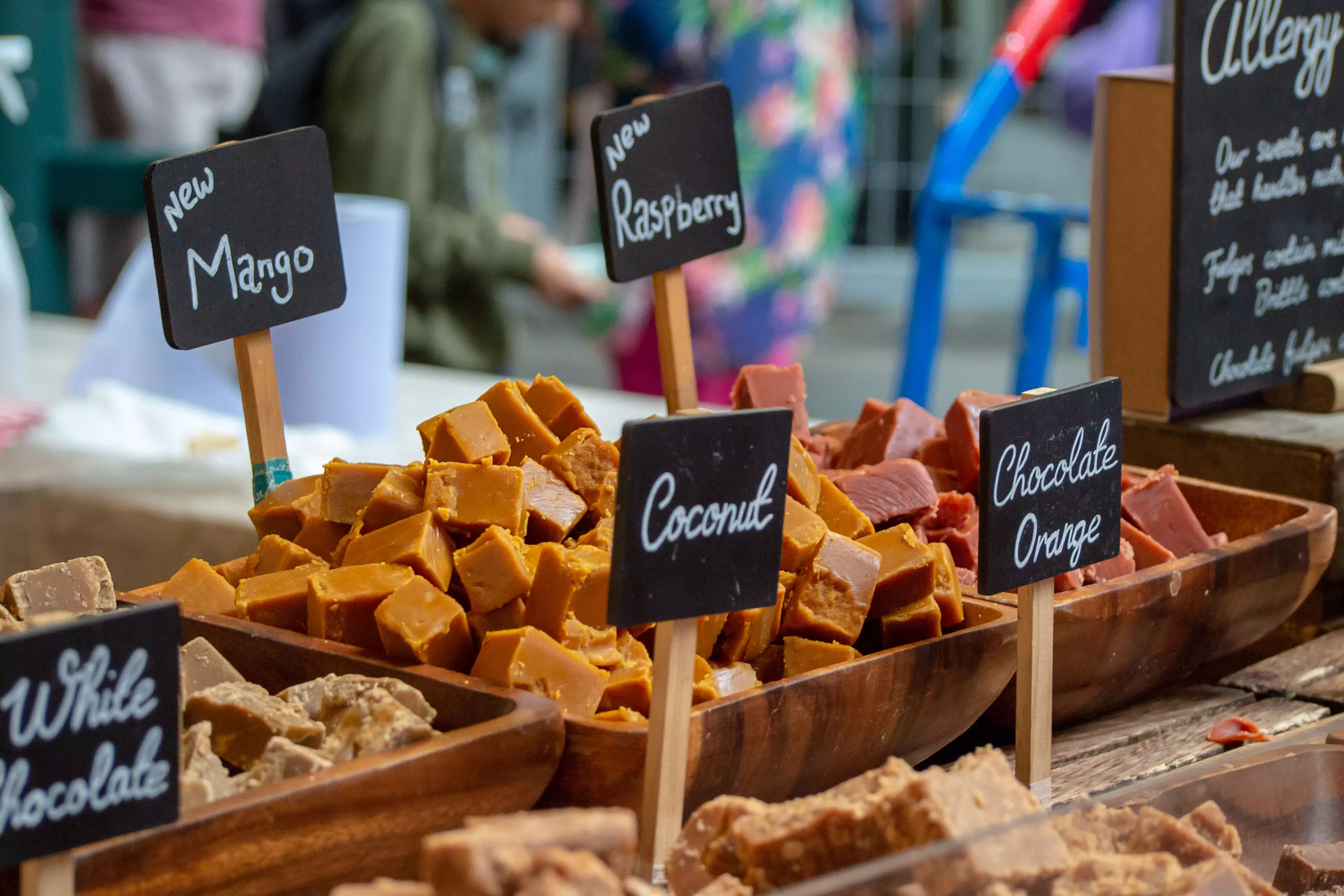 An array of traditional British fudges at a Borough Market stall.